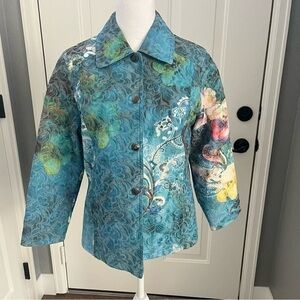 Mirror Image M Jacket Art to Wear Floral Embossed Lined Blue Whimsical Fairy EUC